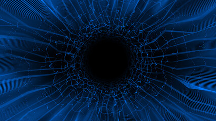 abstract hi-tech sci-fi wiggling parallel lines on black background, futuristic dark tunnel technology background