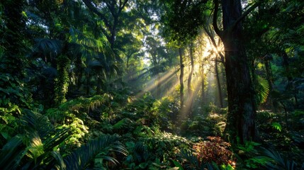Sunbeams in Lush Green Forest