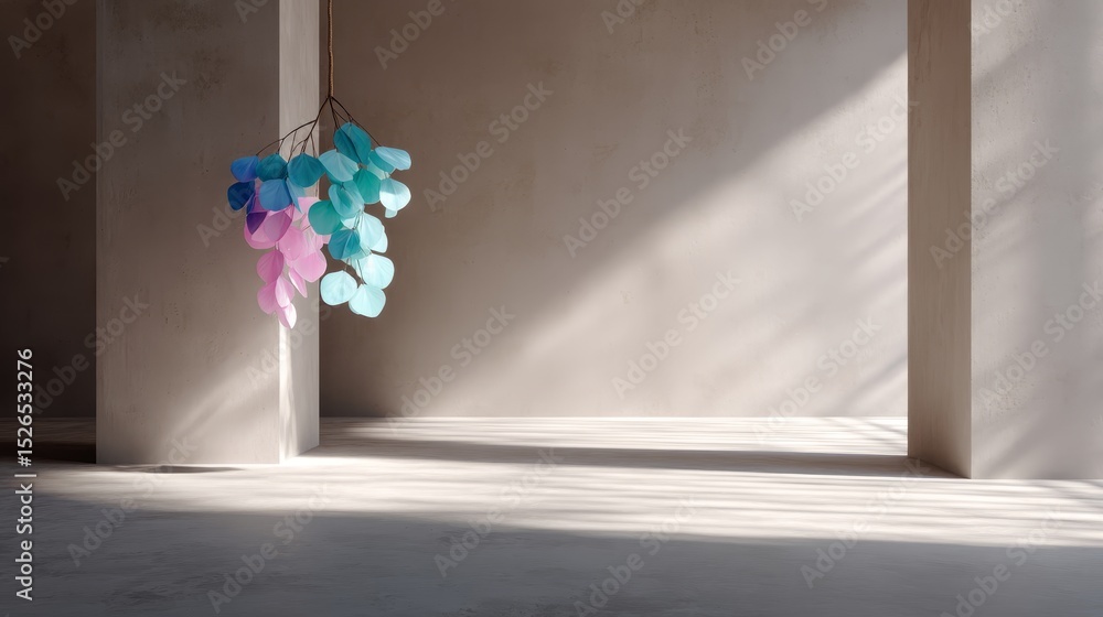 Poster Elegant interior wall mural featuring a stylized tree with vibrant translucent leaves cascading from thin branches, set against textured neutral walls with soft shadows and ample space for design