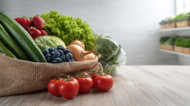 A rustic burlap sack overflows with fresh produce including ripe strawberries, tomatoes, lettuce, cucumbers, cabbage, onions, and blueberries on a wooden surface.