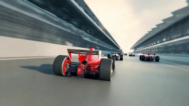 Thrilling Formula 1 race in motion. Racing cars speed down the track, blurring background in dynamic display. Excitement of competition. Motorsport and adrenaline-fueled action.
