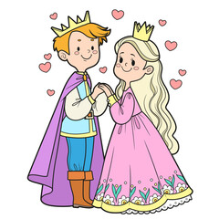Cartoon characters in love Prince and princess standing holding hands on white background
