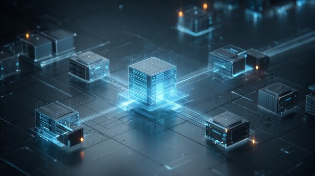 futuristic in-memory database architecture, central primary server glowing brightly, two smaller replica backup nodes flanking symmetrically, data flowing outward from the primary to the replicas, hig