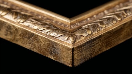 Closeup of an ornate gold picture frame corner highlighting detailed carvings, metallic textures, and soft diffused lighting with ample copy space on the right