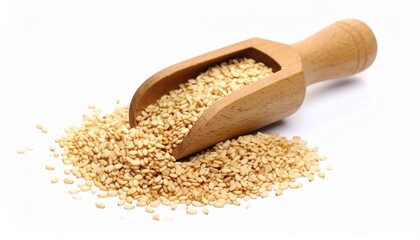 Golden sesame seeds spilling gracefully from a wooden scoop on a white surface