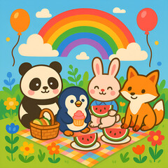 Picnic under the rainbow with animal friends