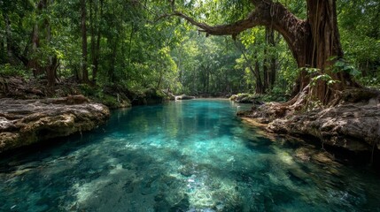 Obraz premium Tranquil Turquoise River in Lush Tropical Forest