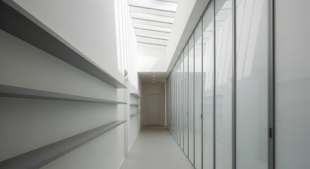 Fototapeta premium Bright Modern Hallway With Shelves And Sliding Glass Doors Under Skylight