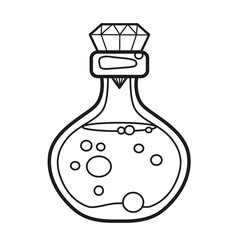 Round glass bottle closed with a crystal-shaped stopper outlined for coloring page on white background