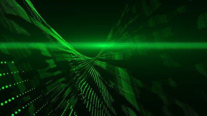 Green digital data flow particles cyber technology futuristic background, glowing white color digital optical light rays background