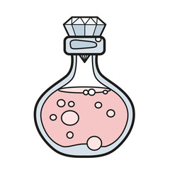 Round glass bottle closed with a crystal-shaped stopper on white background