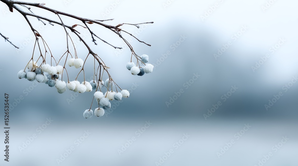 Aufkleber frostcovered berries hanging from bare branches in tranquil winter scene with soft white tones and b