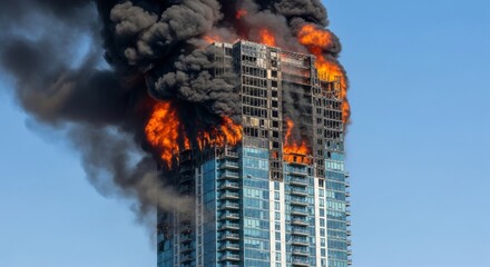 A high-rise building engulfed in flames with thick black smoke billowing into the sky. The structure shows severe fire damage at the top floors.