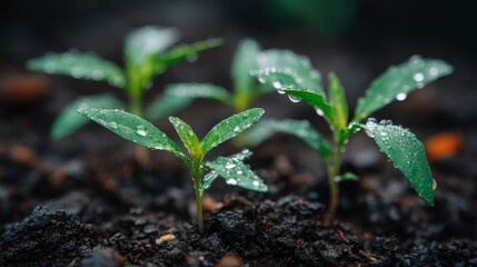 Macro shot of young green plants emerging from dark fertile soil with glistening morning dew, showcasing delicate leaves and textures in a vibrant, fresh garden scene with copy space on the right