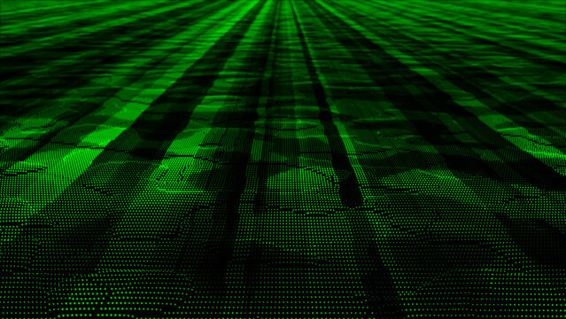 Green color digital data flow particles cyber technology futuristic background, sci-fi digital particles background