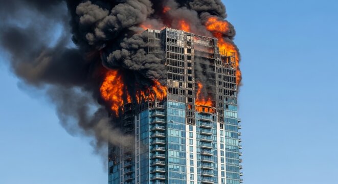 A high-rise building engulfed in flames with thick black smoke billowing into the sky. The structure shows severe fire damage at the top floors.
