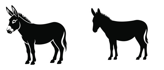 Collection of isolated donkey silhouettes, Set of donkeys on white background