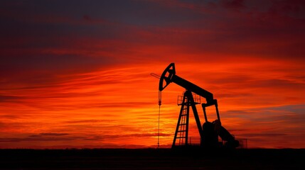 Oil pump jack silhouette at sunset for energy production and fossil fuel industry extraction and drilling