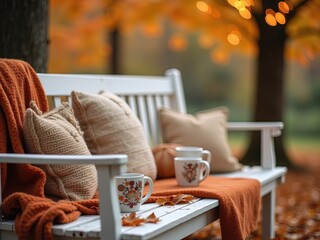 Cozy Autumn Outdoor Scene with Bench, Mugs, and Blanket – Warm Fall Colors, Soft Light, and Seasonal Details in a Tranquil Setting