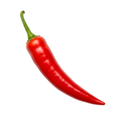 Vibrant red chili pepper with a slender, elongated shape and green stem on a contrasting dark background.