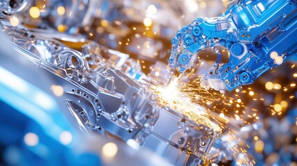 Robotic arm welding with precision amidst a symphony of sparks in advanced industrial facility showcasing cutting-edge technology and innovation. Robotics and automation