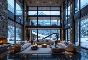  A stylish living room with a fireplace, offering a stunning view of the mountains outside.