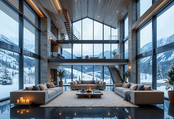 An inviting living room with a fireplace, offering a breathtaking view of the mountains in the background.