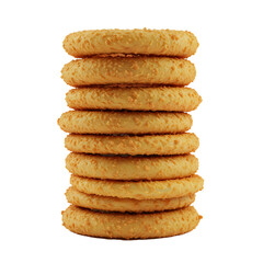 A stack of round crackers, yellow and with a grainy surface, stacked high for a tempting presentation