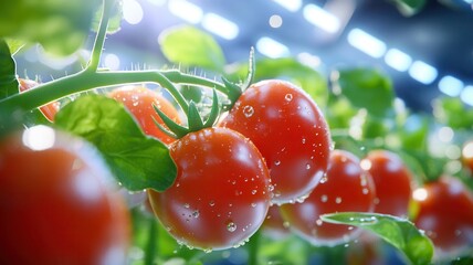 Vibrant red tomatoes in a sunlit greenhouse with dewy freshness highlighting farm-to-table agriculture and sustainable growth practices. Robotics and automation