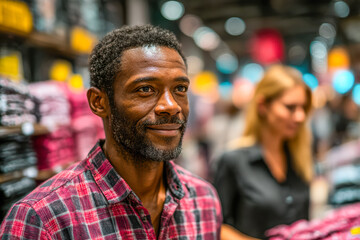 Smiling man in plaid shirt shopping for clothing in a vibrant retail store environment