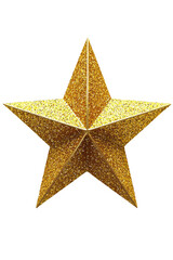 A golden star tree topper with glitter texture, 3D model, isolated on white, glowing softly. ultra realistic, soft shadows, high detail, PNG style lighting