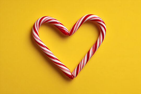 a candy cane shaped like a heart on a yellow background