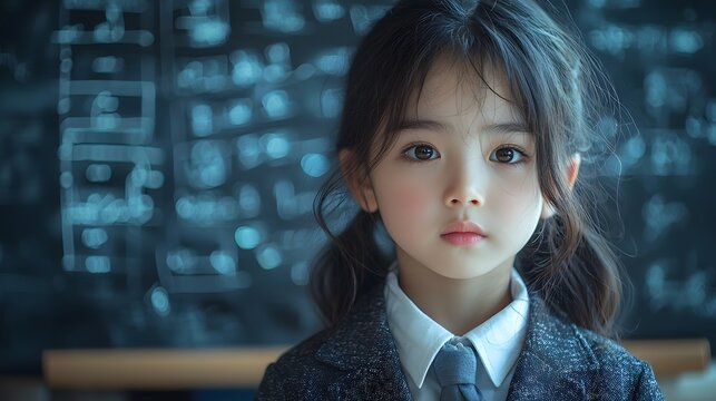 Futuristic Asian child standing before a holographic blackboard with glowing equations