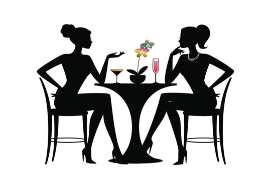 vector silhouette of people at a table drinking and talking, friendship concept