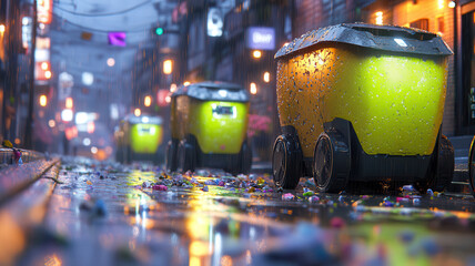 Vibrant yellow trash bins on rainy urban street reflect city lights at night with glowing led wheels and scattered litter in futuristic scene. Robotics and automation