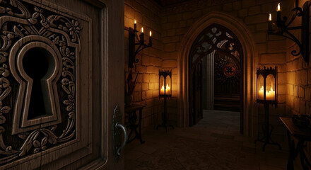 Intricate Keyhole Doorway Opens To A Mysterious Medieval Castle Hallway