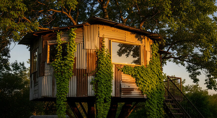Whimsical Treehouse Hideaway In Verdant Canopy During Golden Hour Light