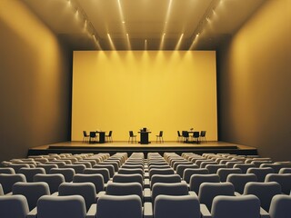 Obraz premium minimalist modern theater interior with warm yellow lighting, vertical panels, empty seats, and dramatic shadows