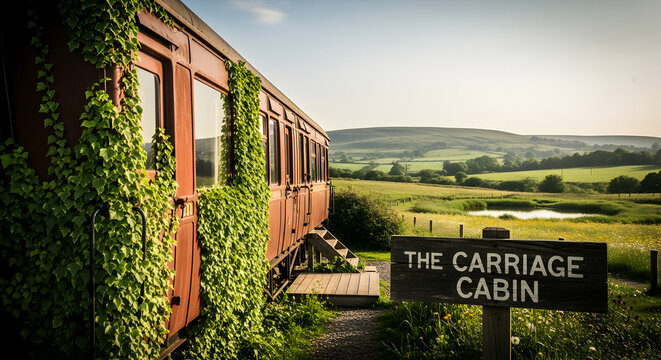 Scenic Train Carriage Cabin Retreat Amidst Rolling Hills And Verdant Landscapes