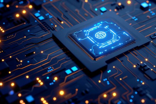 Abstract close-up of glowing computer processor with circuit board, technology and data processing concept - Powered by Adobe