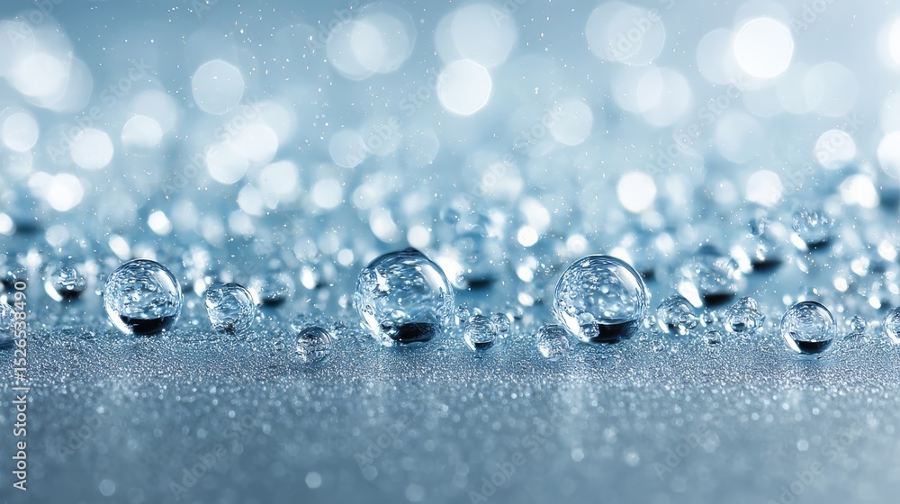 Poster macro shot of tiny condensation beads on frosted glass surface with cool blue tones and soft bokeh, 