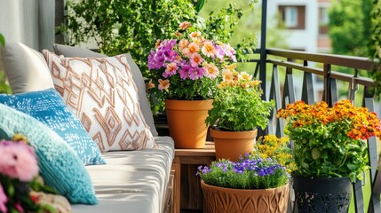 Balcony showcases cozy outdoor seating area adorned with colorful decorative pillows and abundance of blooming potted flowers. Perfect for themes of urban gardening and comfortable outdoor spaces