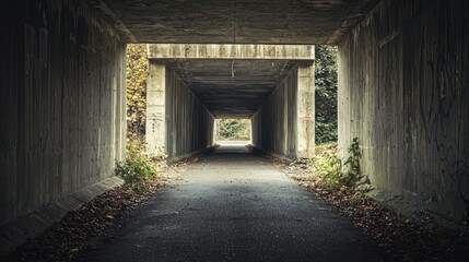An abandoned, concrete tunnel with graffiti and vegetation growing through it. The tunnel is long and narrow, with a concrete ceiling and walls.