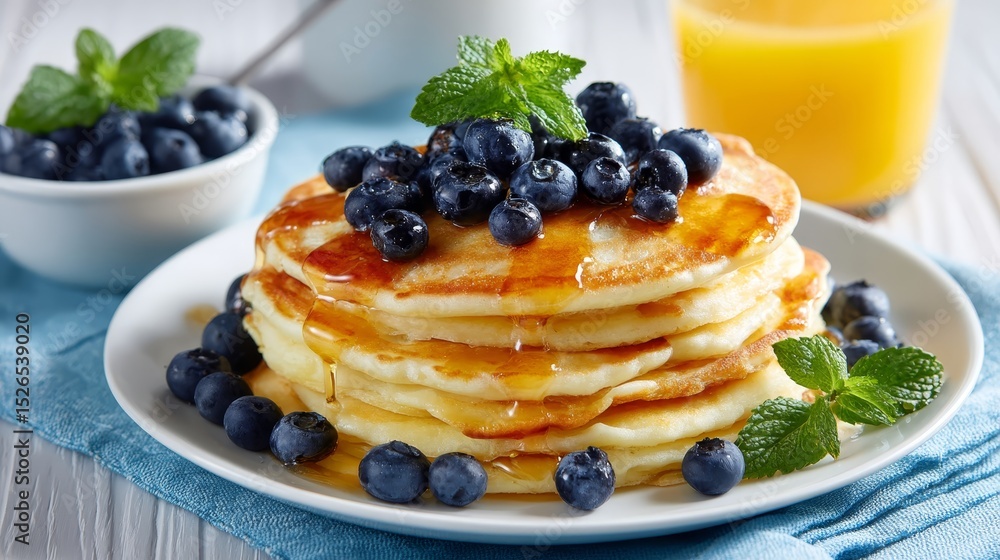 Poster fluffy pancake stack topped with fresh blueberries and honey on a cozy wooden table with orange juic