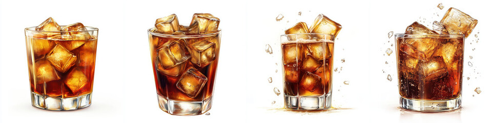 Refreshing dark cocktails with ice cubes, showcasing different styles and splashes, perfect for any gathering or celebration