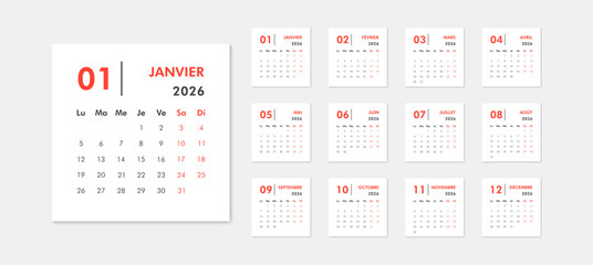 2026 calendar modern classic on French language. Week starts on Monday. Desk or wall calendar in minimalist style