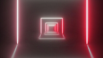 Hi-tech neon sci-fi tunel. Trendy neon glow lines form tunnel pattern. Fly through technology cyberspace. 3d seamless background