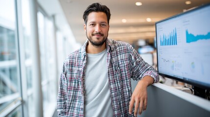 Confident young male professional presenting digital analytics dashboard in a bright modern conference room with diverse team, emphasizing business growth and data insights