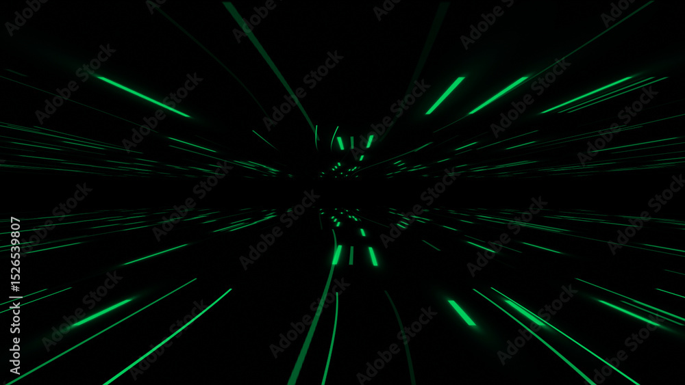 Poster hi-tech futuristic floating lines in dark space background, turquoise color glowing lines moving on 