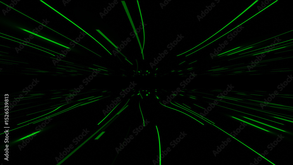Poster hi-tech futuristic floating lines in dark space background, green color glowing lines moving on blac